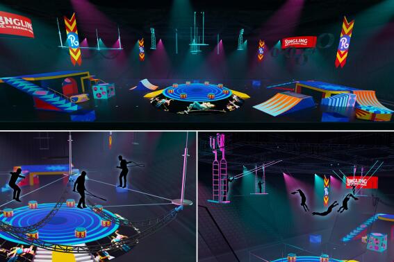 This combination of photos shows art renderings for the reimagined Ringling Bros. and Barnum & Bailey circus, reborn without animals. The show, which will offer highwire tricks, soaring trapeze artists and bicycles leaping on trampolines, kicks off its 2023 North American tour this fall. (Ringling Bros and Barnum and Bailey via AP)