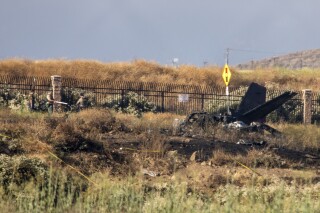 Charred remains of a Cessna lie near the landing approach at French Valley Airport, in Murrieta, Calif., Saturday, July 8, 2023. The Los Angeles Times reports that, according to CalFire, six people died in the crash. (Irfan Khan/Los Angeles Times via AP)