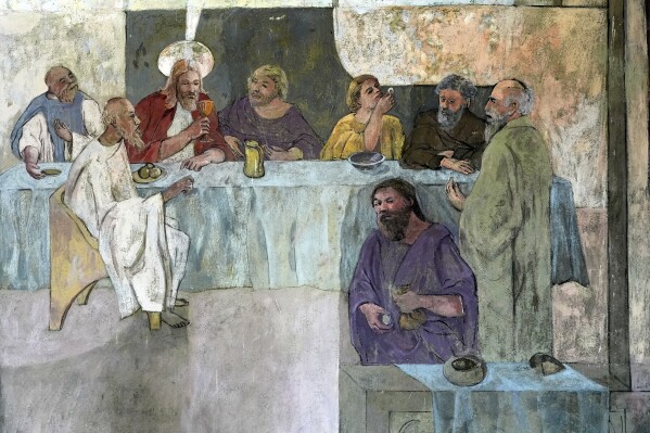This photo shows a detail of a fresco painted in the 1950s on a wall at the South Solon Meeting House, Sunday, April 6, 2025, in Solon, Maine. (Courtesy of the South Solon Historical Society via AP)