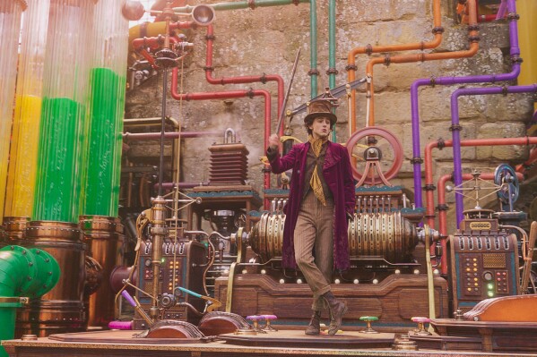 This image released by Warner Bros. Pictures shows Timothee Chalamet in a scene from "Wonka." (Warner Bros. Pictures via AP)