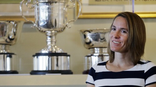 FILE - Justine Henin, of Belgium, speaks during an interview at the International Tennis Hall of Fame, Saturday, July 16, 2016, in Newport, R.I. prior to her induction. The International Tennis Federation has awarded Justine Henin its highest honor, the Philippe Chatrier Award. Henin won seven Grand Slam singles titles, an Olympic gold medal, and was part of Belgium’s team that won the Fed Cup — now called the Billie Jean King Cup — in 2001. (AP Photo/Elise Amendola, File)