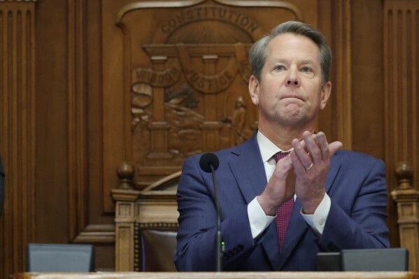FILE -- Georgia Gov. Brian Kemp delivers the State of the State address at the state Capitol on Wednesday, Jan. 25, 2023 in Atlanta. The Republican Kemp announced on Wednesday, Aug. 2, 2023 that state agencies can ask lawmakers to increase spending by 3% in upcoming budgets. (AP Photo/Alex Slitz, file)
