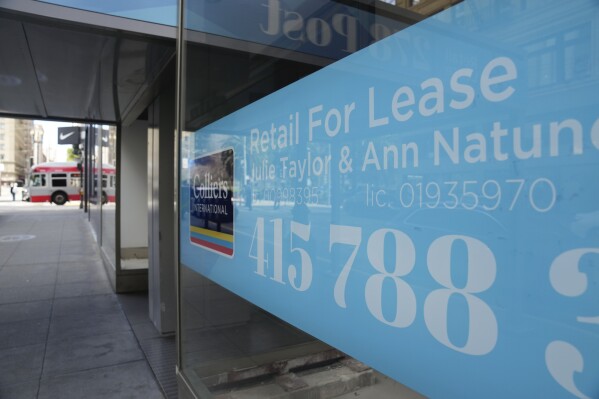 FILE - Retail spaces for lease are seen near Union Square in San Francisco, Feb. 27, 2024. Rent inflation is a pressure point for small businesses, according to new data from the Bank of America Institute. (ĢӰԺ Photo/Eric Risberg, File)