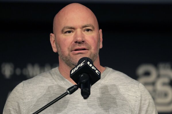 FILE - In this Nov. 2, 2018, file photo, UFC president Dana White speaks at a press conference in New York. The UFC is returning to competition on May 9 with three shows in eight days in Jacksonville, Florida. The mixed martial arts promotion announced its plans Friday, April 24, 2020, to return to action after postponing and canceling several shows due to the coronavirus pandemic. Dana White also plans to hold shows on May 13 and May 16 at the same arena in Florida. Only “essential personnel” will be in the arena, according to White. (AP Photo/Julio Cortez, File)