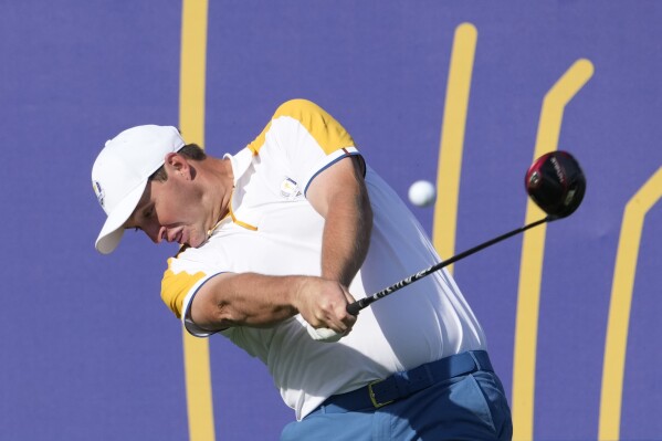 Europe's Sepp Straka tees off the 1st hole for a practice round ahead of the Ryder Cup at the Marco Simone Golf Club in Guidonia Montecelio, Italy, Tuesday, Sept. 26, 2023. The Ryder Cup starts Sept. 29, at the Marco Simone Golf Club. (AP Photo/Andrew Medichini)