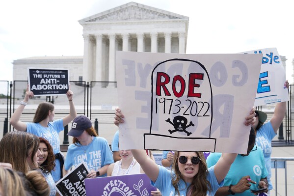 FILE - Protesters protest about abortion outside the Supreme Court in Washington on June 24, 2022.  The main result of the June 2022 Supreme Court decision in Dobbs v. Jackson Women's Health Organization was to turn the decision-making process over abortion policy over to individual states.  (AP Photo/Jacqueline Martin, File)