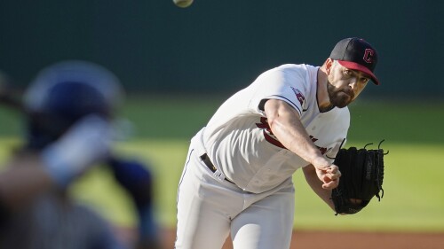 Cleveland Guardians' Aaron Civale pitches to a Kansas City Royals batter during the first inning of a baseball game Friday, July 7, 2023, in Cleveland. (AP Photo/Sue Ogrocki)