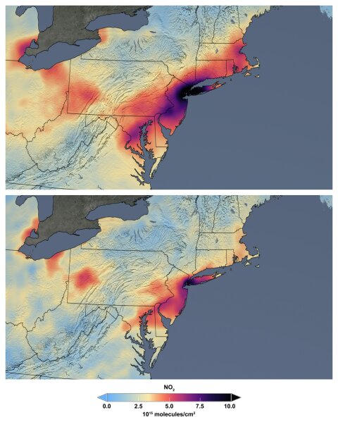 These maps made available by NASA shows the average concentration of nitrogen dioxide in March 2015-19, top, and in March 2020 as people stay home against the COVID-19 coronavirus. NO2 is a noxious gas emitted by motor vehicles, power plants, and industrial facilities. (NASA via AP)