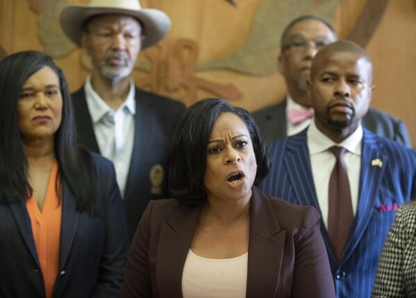 State Rep. Nicole Collier, D- Fort Worth, the chair of the Legislative Black Caucus, speaks at a news conference at the Capitol on Sunday May 30, 2021, against Senate Bill 7, known as the Election Integrity Protection Act. (Jay Janner/Austin American-Statesman via AP)