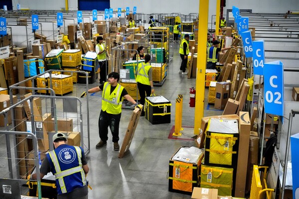 FILE - Amazon employees load packages on carts before being put on to trucks for distribution for Amazon's annual Prime Day event at an Amazon's DAX7 delivery station on Tuesday, July 16, 2024, in South Gate, Calif. (ĢӰԺ Photo/Richard Vogel, File)