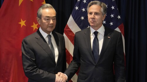 U.S. Secretary of State Antony Blinken, right, shakes hands with Chinese Communist Party's foreign policy chief Wang Yi during their bilateral meeting on the sidelines of the Association of Southeast Asian Nations (ASEAN) Foreign Ministers' Meeting in Jakarta, Indonesia, Thursday, July 13, 2023. (AP Photo/Dita Alangkara, Pool)