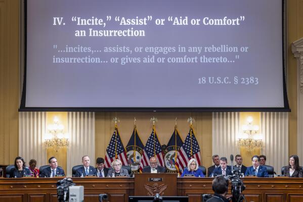 An image with information about the criminal referral of former President Donald Trump to the Department of Justice is displayed as the House select committee investigating the Jan. 6 attack on the U.S. Capitol holds its final meeting on Capitol Hill in Washington, Monday, Dec. 19, 2022. (Jim Lo Scalzo/Pool Photo via AP)