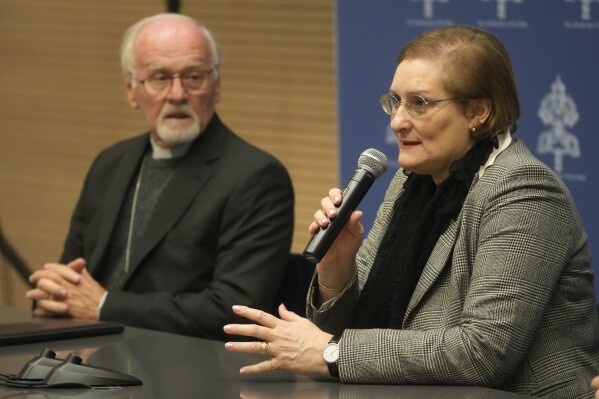 Silvia Correale, Postulator of the Cause of Canonization, talks to journalists to present the canonization of beatified Maria Antonia de Paz y Figueroa, first Argentine saint, at the Vatican, Thursday, Feb. 8, 2024. Pope Francis is scheduled to preside over the Eucharistic Celebration and the Rite of the canonization of Maria Antonia of Maria Antonia de Paz y Figueroa, in St. Peter's Basilica, Sunday, Feb. 11, 2024. (AP Photo/Gregorio Borgia)