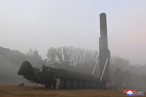This photo provided by the North Korean government, shows what it says a test launch of new intercontinental ballistic missile "Hwasong-19" at an undisclosed place in North Korea Thursday, Oct. 31, 2024. Independent journalists were not given access to cover the event depicted in this image distributed by the North Korean government. The content of this image is as provided and cannot be independently verified. Korean language watermark on image as provided by source reads: "KCNA" which is the abbreviation for Korean Central News Agency. (Korean Central News Agency/Korea News Service via AP)