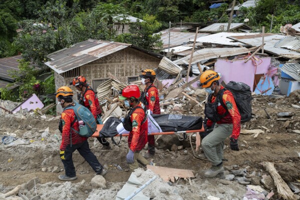 Rescuers carry a body from the landslide-hit village of Masara in Maco, Davao de Oro province, southern Philippines on Thursday Feb. 8, 2024. A landslide in the southern Philippines left a number of villagers dead and several others missing, including miners waiting in buses for a ride home, officials said Wednesday. (AP Photo)