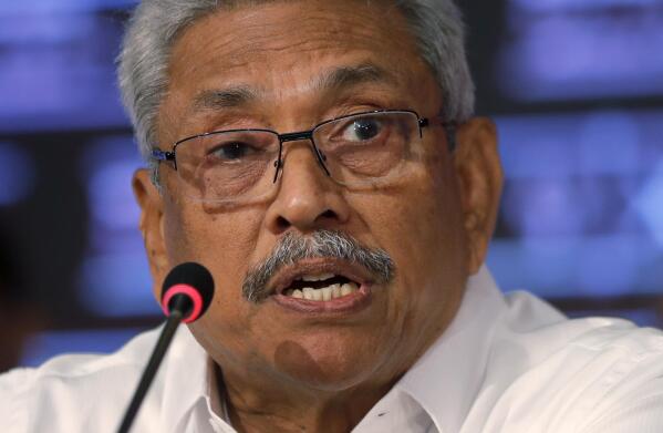 FILE - Then-Sri Lankan presidential candidate Gotabaya Rajapaksa speaks during a news conference in Colombo, Sri Lanka, Oct. 15, 2019. Lawyers from the International Truth and Justice Project — an evidence-gathering organization administered by a South Africa-based nonprofit foundation — filed a complaint, requesting the immediate arrest of Rajapaksa for his role as the secretary of defense during Sri Lanka’s civil war, which ended in 2009, the group said in a release on Sunday, July 24, 2022. (AP Photo/Eranga Jayawardena)