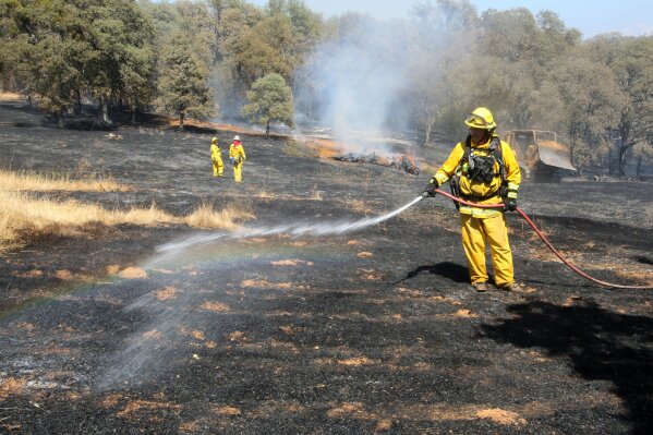 
              Higgins Fire Protection District firefighters spread water on smoldering spots of the Wolf Incident that burned vegetation in Grass Valley, Calif., Wednesday, Aug. 15, 2018. (Elias Funez/The Union via AP)
            