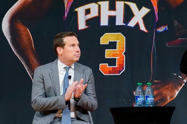 Phoenix Suns owner Mat Ishbia looks on during an NBA basketball news conference, Thursday, Feb. 16, 2023, in Phoenix. (AP Photo/Matt York, File)