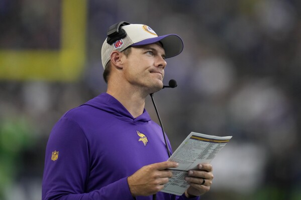 Minnesota Vikings head coach Kevin O'Connell watches from the sideline during the first half of his team's NFL preseason football game against the Seattle Seahawks in Seattle, Thursday, Aug. 10, 2023. (AP Photo/Gregory Bull)