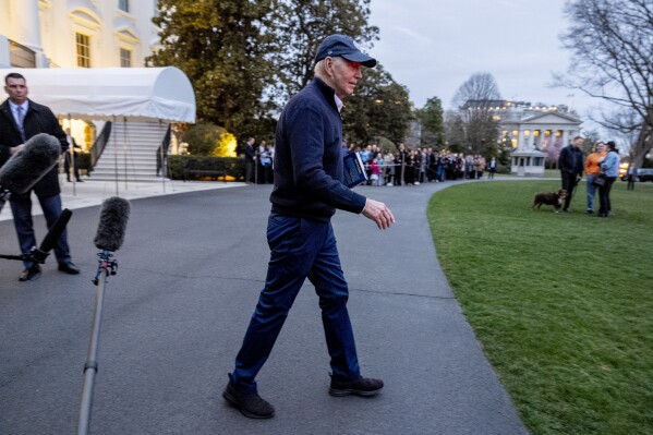 President Joe Biden walks towards Marine One on the South Lawn of the White House in Washington, Friday, March 1, 2024, to travel to Camp David, Md., for the weekend. (AP Photo/Andrew Harnik)