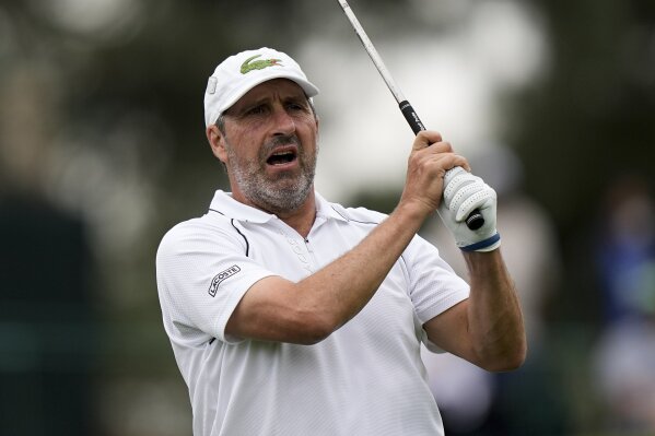 Jose Maria Olazabal, of Spain, reacts to his tee shot on the third hold during the second round of the Masters golf tournament on Friday, April 9, 2021, in Augusta, Ga. (AP Photo/David J. Phillip)