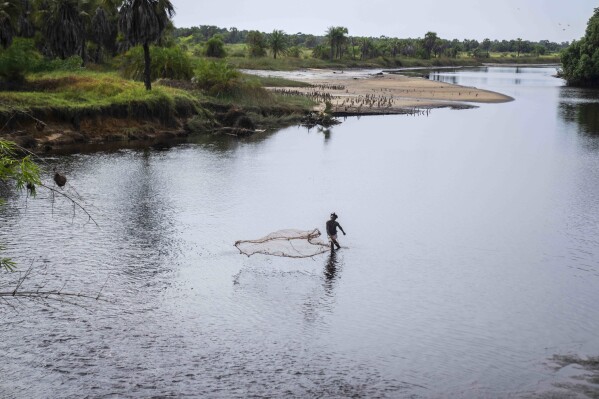 A fisherman casts his net in a lake polluted by oil on the outskirts of Moanda, western Democratic Republic of Congo, Saturday, Dec. 23, 2023. (AP Photo/Mosa'ab Elshamy)