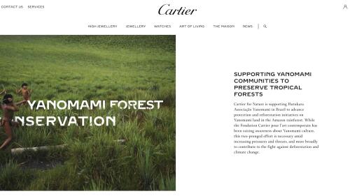 This frame, which was removed from Cartier's website, features an image of four Yanomami children playing in a lush green field while at the top of the page are links to purchase high-end jewelry. The French luxury jewelry brand said it was working to promote the culture of the Indigenous people and protect the rainforest. But the project that the site described never took place, and Cartier took down the photo when contacted by The Associated Press. (Cartier via AP)