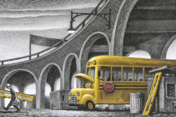 This image provided by Loren Long shows artwork from the book "The Yellow Bus." The illustrator of best-selling children’s books by former President Barack Obama, Madonna and poet Amanda Gorman has a 6-figure deal with a Macmillan imprint for two of his own projects. Loren Long’s first book under his new contract is “The Yellow Bus,” scheduled for June 2024. (Loren Long via AP)