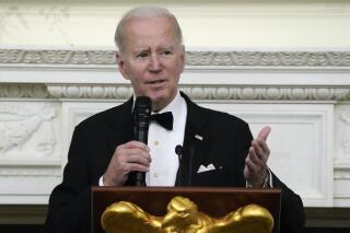 FILE - President Joe Biden speaks during a dinner reception for governors and their spouses in the State Dining Room of the White House, Feb. 11, 2023, in Washington. The Berger Action Fund has routed millions of dollars from Swiss billionaire Hansjörg Wyss through a network of nonprofit groups that have helped bankroll efforts to lift Biden's agenda.(AP Photo/Manuel Balce Ceneta, File)