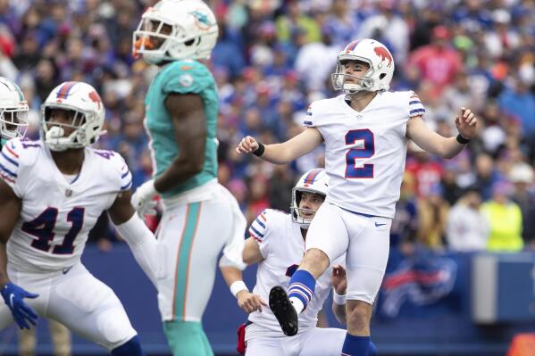 FILE - Buffalo Bills' Tyler Bass (2) watches after kicking a field goal during an NFL football game against the Miami Dolphins Oct. 31, 2021, in Orchard Park, N.Y. Since 1950, he's become the NFL's third player to score 212 or more points through 23 games. And Bass' booming and accurate leg was once again evident in a 26-11 win over Miami. (AP Photo/Matt Durisko, File)