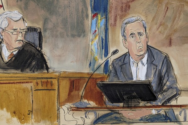 In this courtroom sketch, Michael Cohen testifies on the witness stand as Judge Arthur Engoron looks on from the bench in New York Supreme Court, Tuesday, Oct. 24, 2023, in New York. (Elizabeth Williams via AP)
