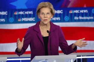 In this Nov. 20, 2019, photo, Democratic presidential candidate Sen. Elizabeth Warren, D-Mass., speaks during a Democratic presidential primary debate in Atlanta. (AP Photo/John Bazemore)