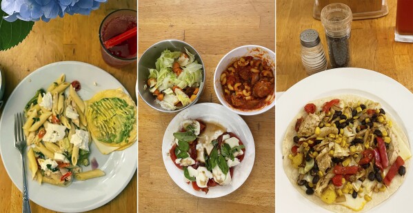 This combination of photos shows shows chicken-feta-pasta salad and a corn tortilla with a slice of Muenster cheese and smashed avocado, left, a salad made from past-their-prime veggies, leftover macaroni and defrosted sausage drowned in spaghetti sauce from a jar, and a sad Caprese salad, center, and a tortilla with a slice of Muenster cheese, frozen corn, leftover chicken, a half-can of black beans, cherry tomatoes and cabbage. (Beth J. Harpaz via AP)