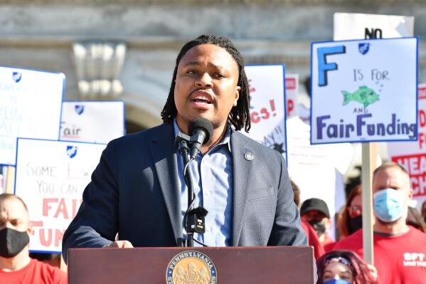 FILE - Pennsylvania state Rep. Malcolm Kenyatta, a Democratic candidate for U.S. Senate, speaks at a rally of the striking Scranton Federation of Teachers at the Pennsylvania Capitol, on Nov. 10, 2021, in Harrisburg, Pa. Getting rid of the filibuster rule in the U.S. Senate is emerging as perhaps the most important issue in Pennsylvania's competitive Democratic primary for an open Senate seat, as the party struggles to use its majority in Washington to advance its agenda. (AP Photo/Marc Levy, File)