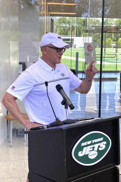 New York Jets owner and chairman Woody Johnson speaks to reporters at the team’s NFL football facility in Florham Park, N.J, Wednesday, June 16, 2021. (AP Photo/Dennis Waszak Jr.)