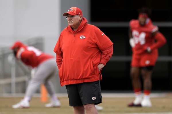 Kansas City Chiefs head coach Andy Reid watches during the team's NFL football practice Thursday, Feb. 1, 2024 in Kansas City, Mo. The Chiefs will play the San Francisco 49ers in Super Bowl 58. (AP Photo/Charlie Riedel)