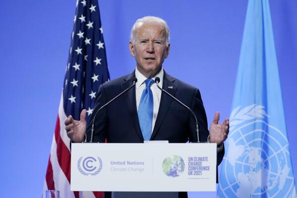 FILE - President Joe Biden speaks during a news conference at the COP26 U.N. Climate Summit, Tuesday, Nov. 2, 2021, in Glasgow, Scotland. The U.S. Interior Department on Wednesday, Nov. 17, is auctioning vast oil reserves in the Gulf of Mexico estimated to hold up to 1.1 billion barrels of crude. It's the first such sale under President Biden and underscores the challenges he faces to reach climate goals that rely on cuts in fossil fuel emissions. (AP Photo/Evan Vucci, File)