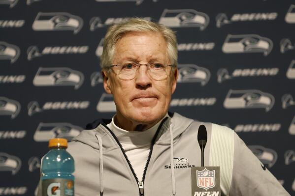 Seattle Seahawks head coach Pete Carroll speaks at a news conference after an NFL wild card playoff football game against the San Francisco 49ers in Santa Clara, Calif., Saturday, Jan. 14, 2023. (AP Photo/Josie Lepe)