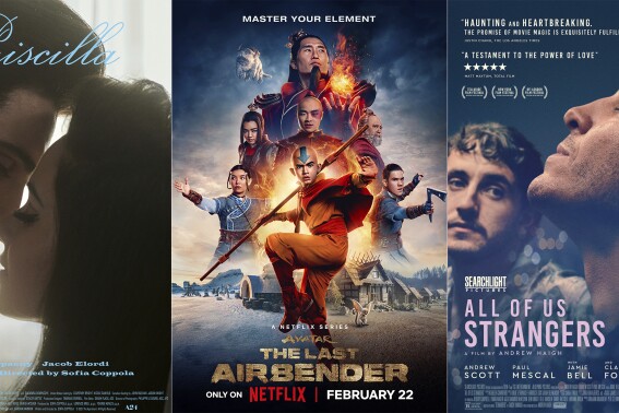This combination of photos shows promotional art for "Priscilla," streaming Feb. 23 on Max, left, “Avatar: The Last Airbender," streaming Feb. 22 on Netflix, center, and "All of Us Strangers," a film streaming Feb. 22 on Hulu. (A24/Netflix/Searchlight Pictures via AP)