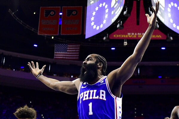 FILE - Philadelphia 76ers' James Harden (1) reacts after a play in the first half during Game 2 in the first round of the NBA basketball playoffs against the Brooklyn Nets, Monday, April 17, 2023, in Philadelphia. Harden appears determined to sever ties with the Philadelphia 76ers after the star guard called team president Daryl Morey a liar at a promotional event at China. (AP Photo/Derik Hamilton, File)