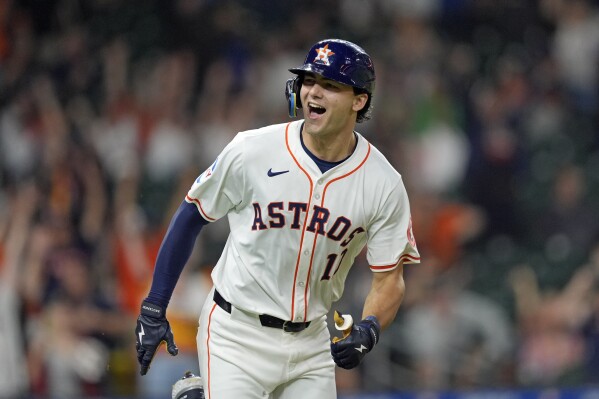 Houston Astros' Joey Loperfido celebrates after hitting a two-run home run against the Oakland Athletics during the third inning of a baseball game Thursday, May 16, 2024, in Houston. (Ǻ Photo/David J. Phillip)