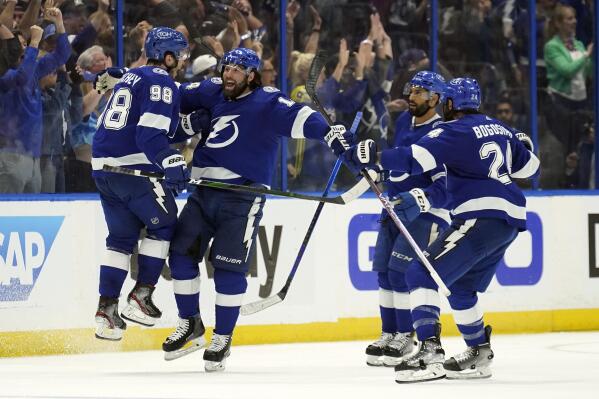 Tampa Bay Lightning left wing Pat Maroon (14, second from left) celebrates with defenseman Mikhail Sergachev (98), defenseman Zach Bogosian (24), and left wing Pierre-Edouard Bellemare (41) after scoring against the Florida Panthers during the third period in Game 4 of an NHL hockey second-round playoff series Monday, May 23, 2022, in Tampa, Fla. (AP Photo/Chris O'Meara)