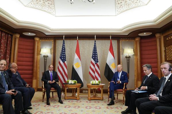 President Joe Biden meets with Egyptian President Abdel Fattah el-Sissi, Saturday, July 16, 2022, in Jeddah, Saudi Arabia. (AP Photo/Evan Vucci)
