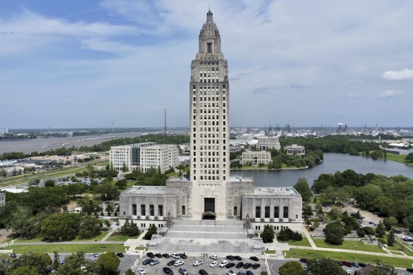 FILE - The Louisiana state Capitol stands on April 4, 2023, in Baton Rouge, La. Under a new era of conservative leadership, Louisiana’s GOP-dominated legislature will gather Monday, Feb. 19, 2024, for a special legislative session that could reshape the state’s criminal justice system and the public safety sector. (AP Photo/Stephen Smith, File)