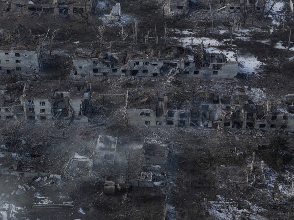 In this photo provided by Ukraine's 93rd Mechanized Brigade press service, an aerial view shows the partially occupied ruined town of Toretsk, the site of heavy battles with the Russian troops in the Donetsk region, Ukraine, Saturday, Feb. 22, 2025. (Iryna Rybakova/Ukraine's 93rd Mechanized Brigade via AP)