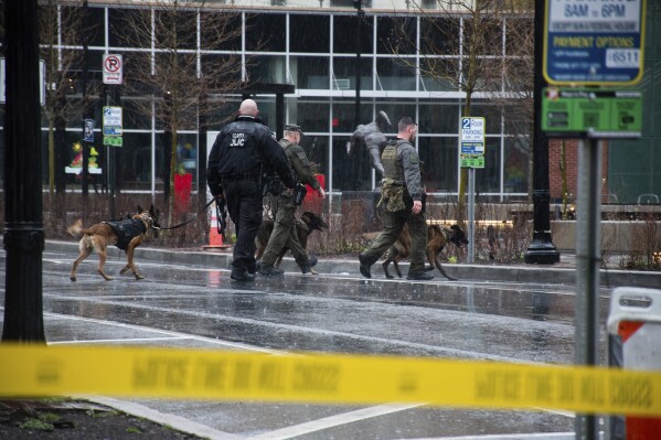 Police K-9s patrol around the cordoned off 100 block of Queen Street in Lancaster, Pa., Saturday, March 23, 2024. A "Drag Queen Story Hour," at the Lancaster Public Library was canceled after police responded to a suspicious package. (Amber Ritson/LNP/LancasterOnline via AP)