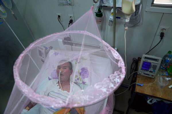 A patient infected with chikungunya looks out from mosquito netting at the Clinicas Hospital in San Lorenzo, Paraguay, Friday, March 3, 2023. (AP Photo/Jorge Saenz, file)