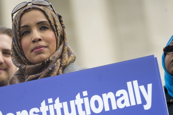 FILE - Zainab Chaudry joins other demonstrators outside the Supreme Court in Washington, Wednesday, Feb. 25, 2015. The Maryland Attorney General this week, Tuesday, Nov. 21, 2023, suspended Chaudry, a member of the state’s new commission aimed at addressing hate crimes, after she posted on social media criticizing the recent actions of Israel in Gaza. (AP Photo/Pablo Martinez Monsivais, File)