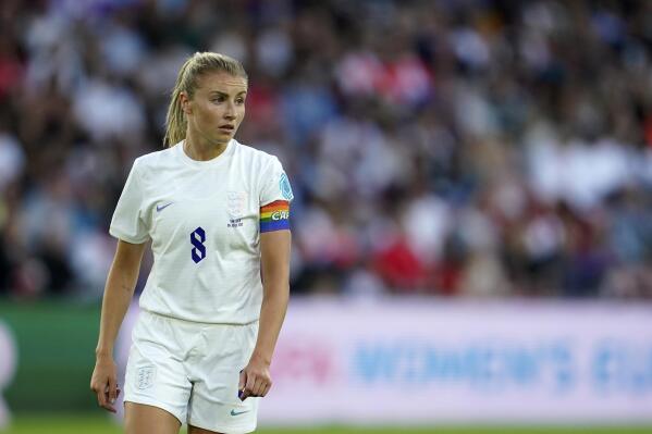 FILE - England's Leah Williamson looks out during their Women Euro 2022 semi final soccer match against Sweden at Bramall Lane Stadium in Sheffield, England, July 26, 2022. Half of this year’s honors went to women, including members of England’s Euro 2022-winning soccer team and the first woman to lead a major UK bank. Lionesses captain Leah Williamson received an OBE, while her teammates Lucy Bronze, Beth Mead and Ellen White were all made MBEs. (AP Photo/Jon Super)