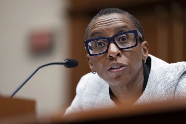 File - Former Harvard President Claudine Gay speaks at a hearing of the House Committee on Education on Capitol Hill, Dec. 5, 2023 in Washington. Conservative activist Christopher Rufo claimed victory this month with the resignation of Gay, Harvard's first Black woman president, after allegations of plagiarism and a furor over her congressional testimony about antisemitism. (AP Photo/Mark Schiefelbein, File)